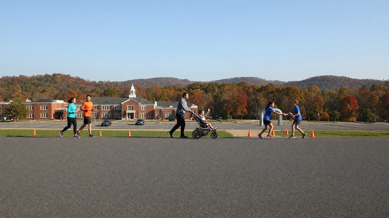 Runners and a parent pushing a stroller along a road below autumn hills.