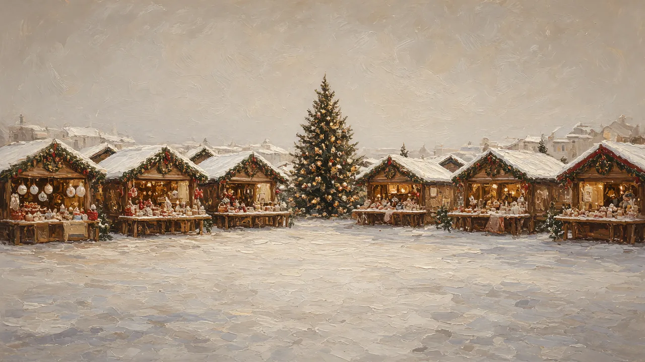 Painting of snowy market huts around a decorated tree.