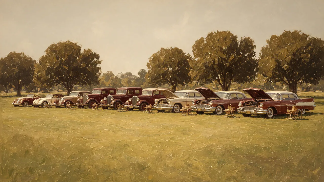 Painting of classic cars parked on a lawn beneath large shade trees.