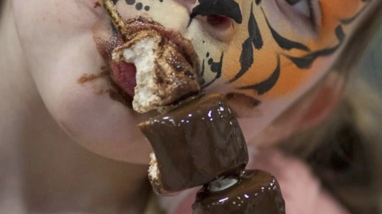 A face-painted child bites into chocolate