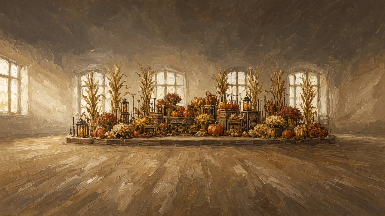 Painting of a harvest display of pumpkins and gourds in a hall with arched windows.