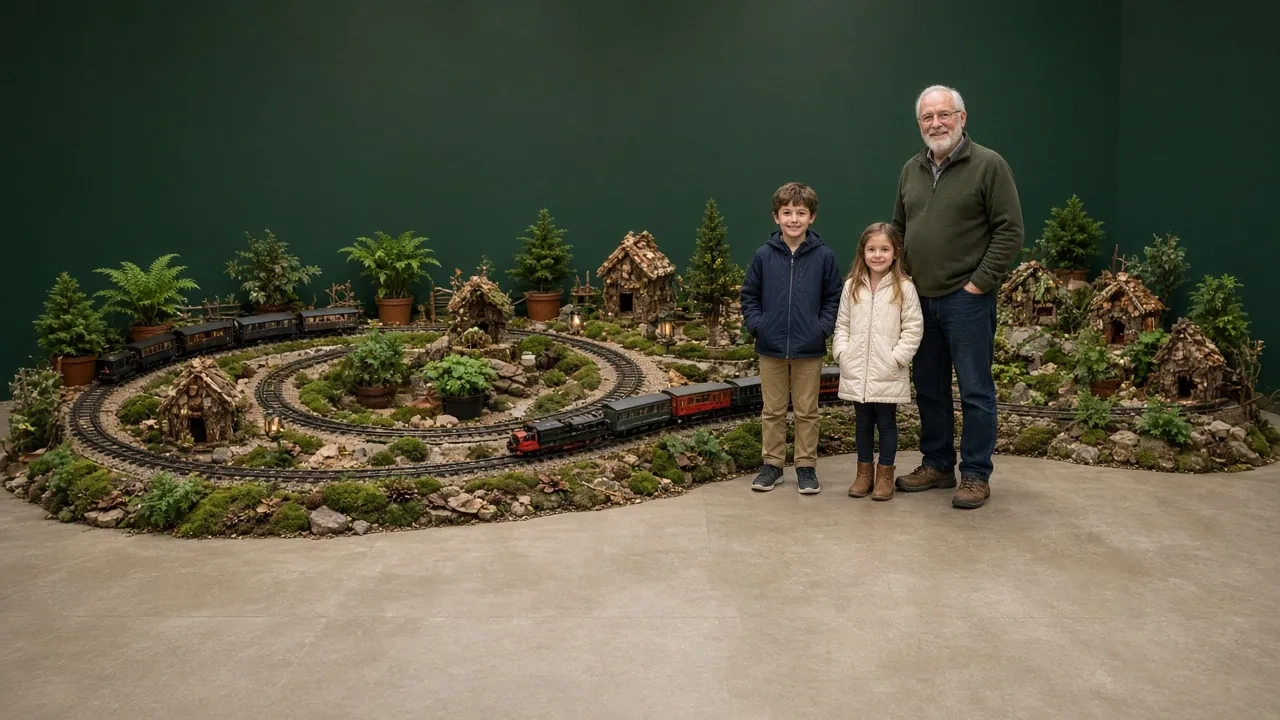 A family looking over a large model railroad layout of tiny houses and trees.