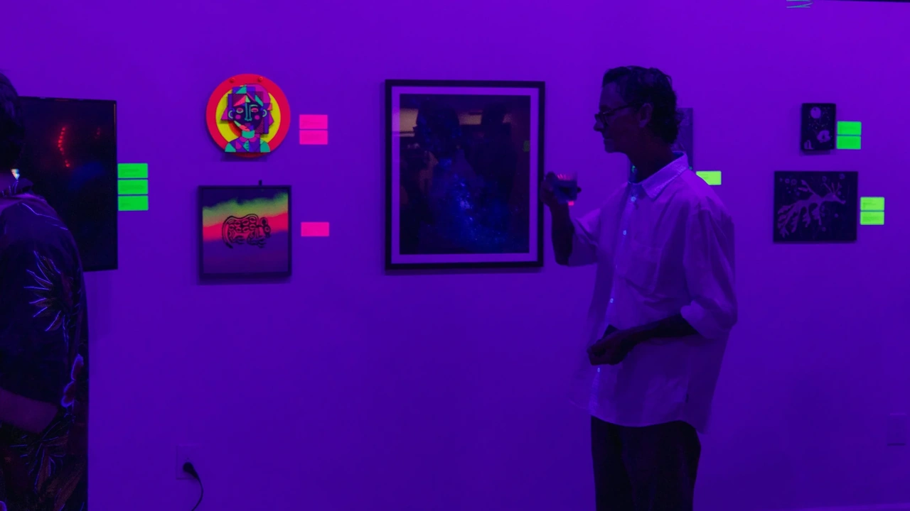 Visitors look at artworks glowing under purple black light in a gallery.