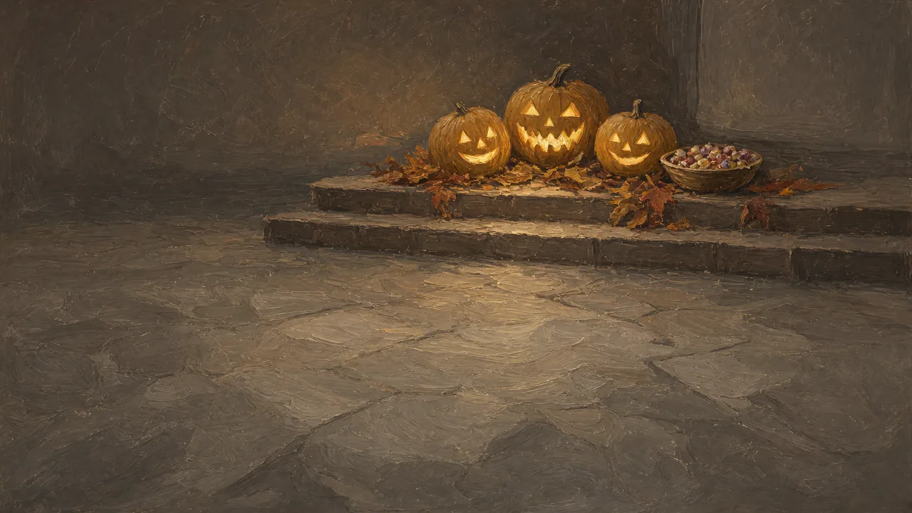 Painting of carved glowing pumpkins on a stone step.