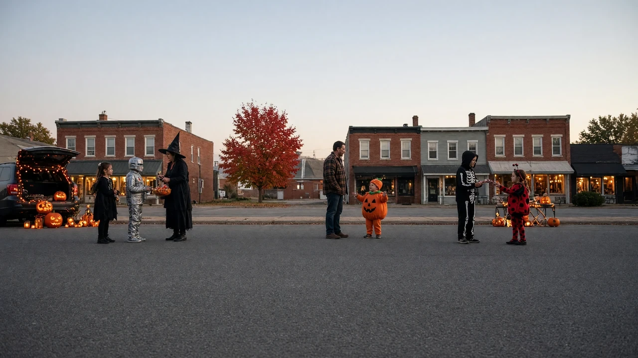 Families in costumes on a small-town main street of brick storefronts at dusk.