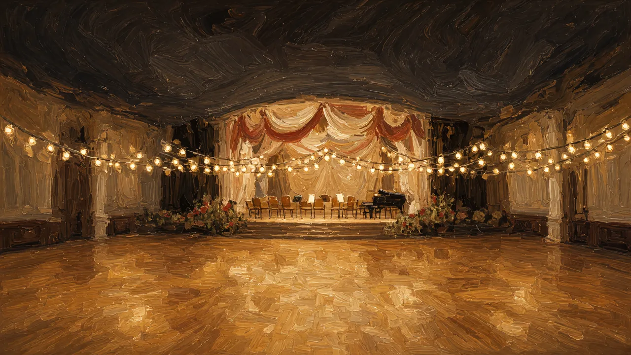 Painting of a ballroom with string lights and a draped stage.