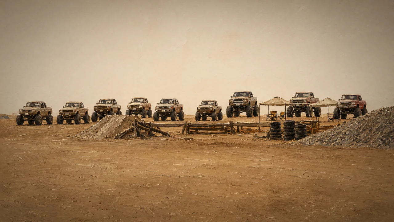 Painting of pickup trucks and jeeps parked on a dirt lot.