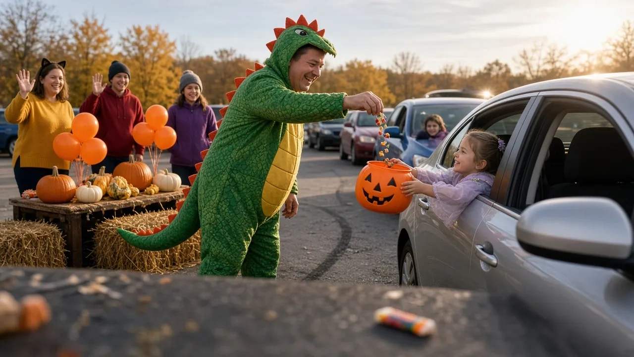 A person in a dinosaur costume handing candy to children at decorated car trunks.