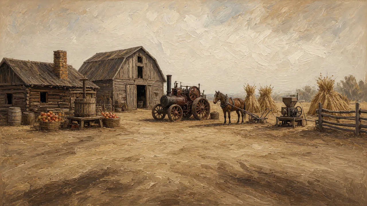 Painting of old barns, a tractor and wagons in a farmyard.