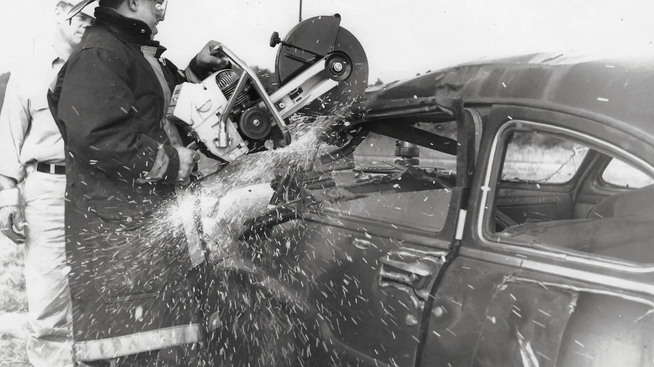 Black-and-white photo of a firefighter cutting into a car door with a rescue saw
