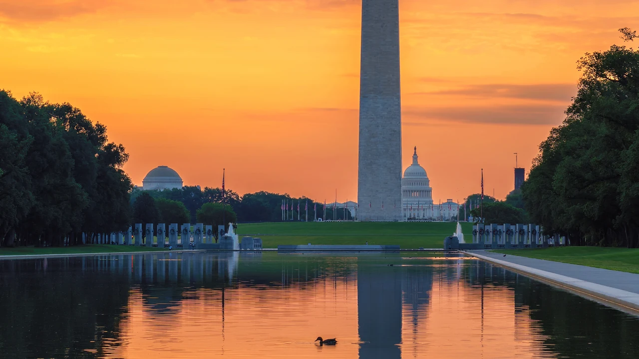The Washington Monument reflected at sunset