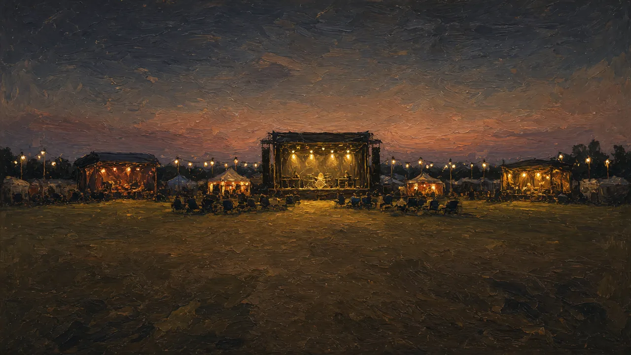 Painting of a lit outdoor stage and booths on a field at dusk.