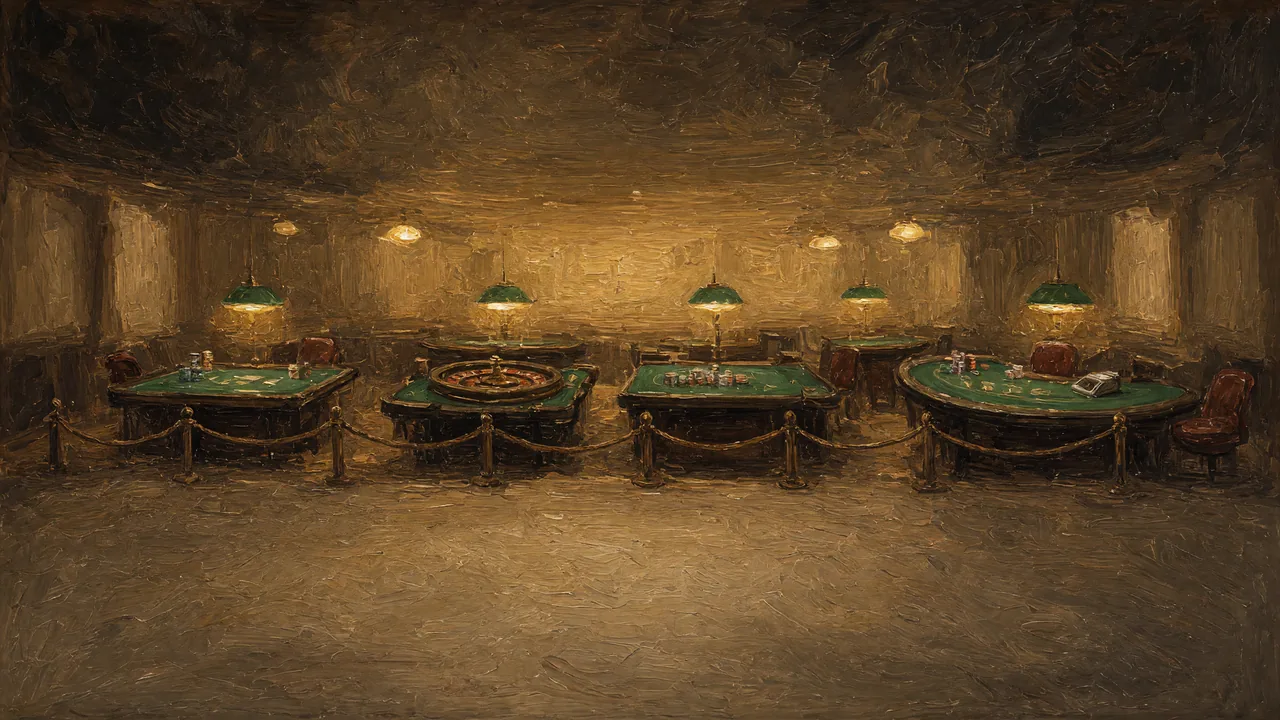 Painting of card tables with green felt under hanging lamps.