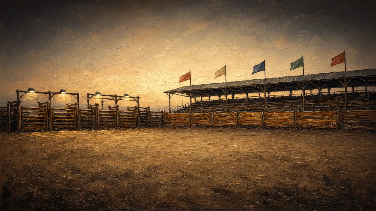 Painting of a rodeo arena with fences and a flag-topped grandstand.
