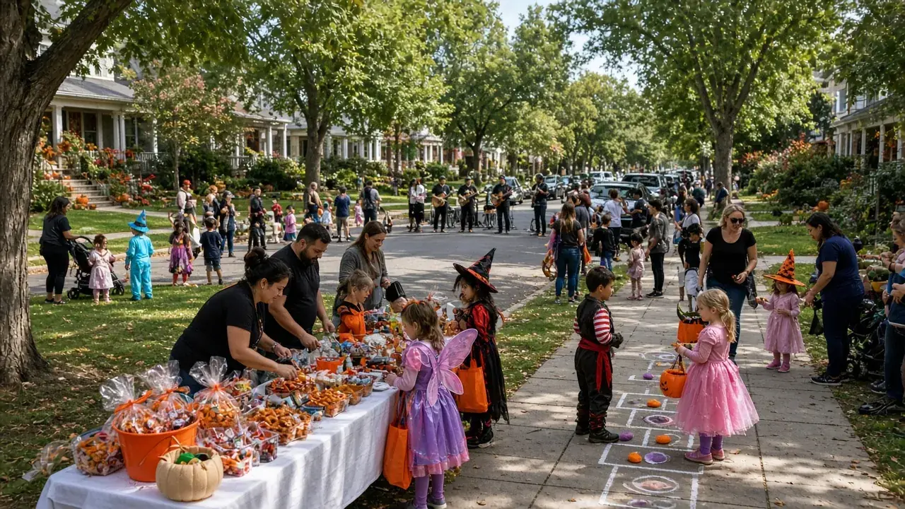 Children in costumes collecting treats from a decorated table on a tree-lined sidewalk