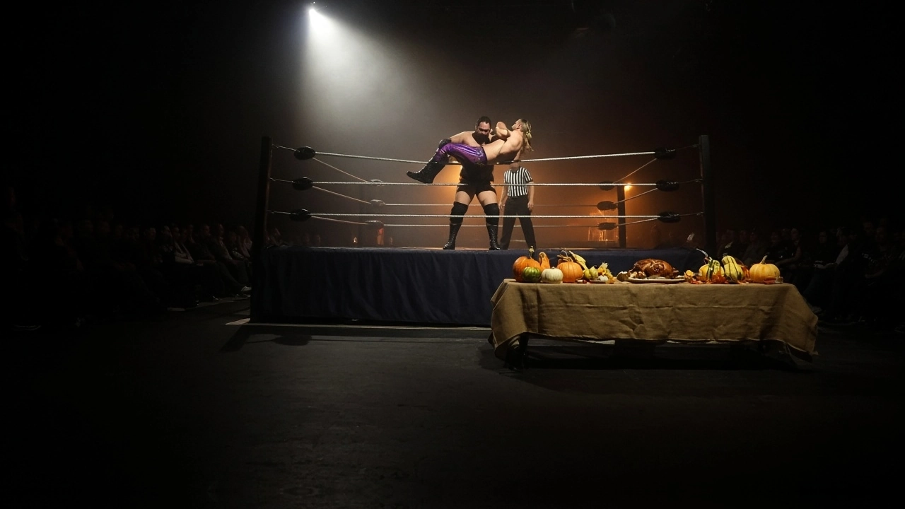 Wrestlers mid-move in a spotlit ring