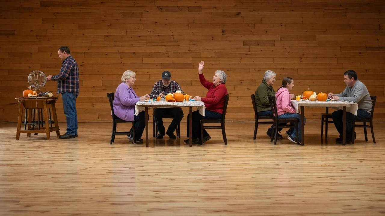 Players seated at long tables in a wood-paneled hall