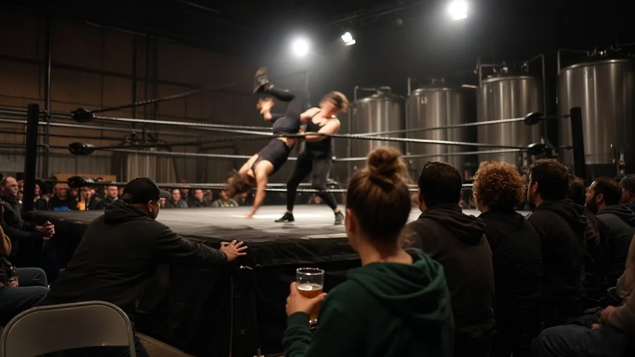 Wrestlers in a ring with spectators seated close around it