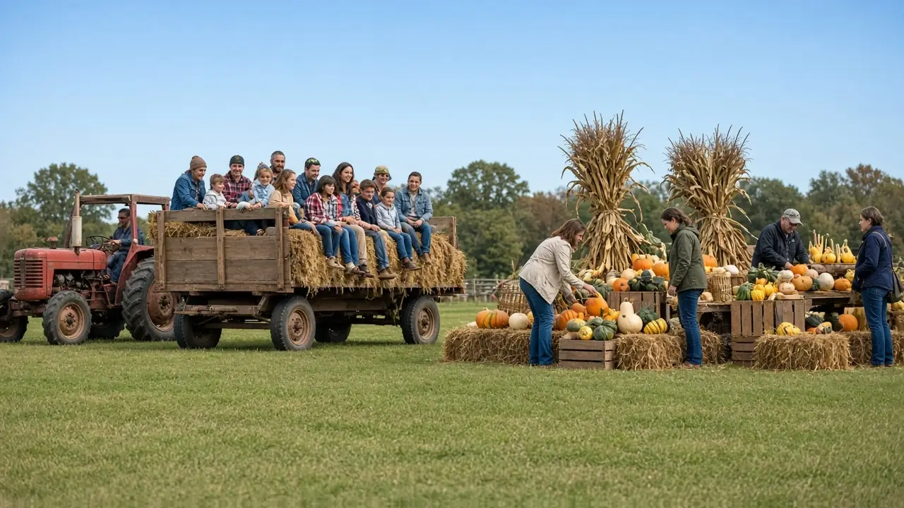Hay wagon, tractor and pumpkin displays on a grassy field under blue sky