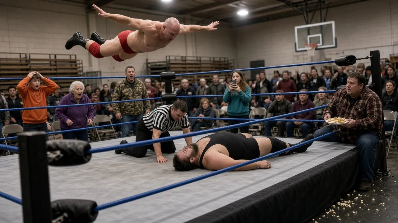 A wrestler leaping off the ropes in a gym ring as the crowd watches