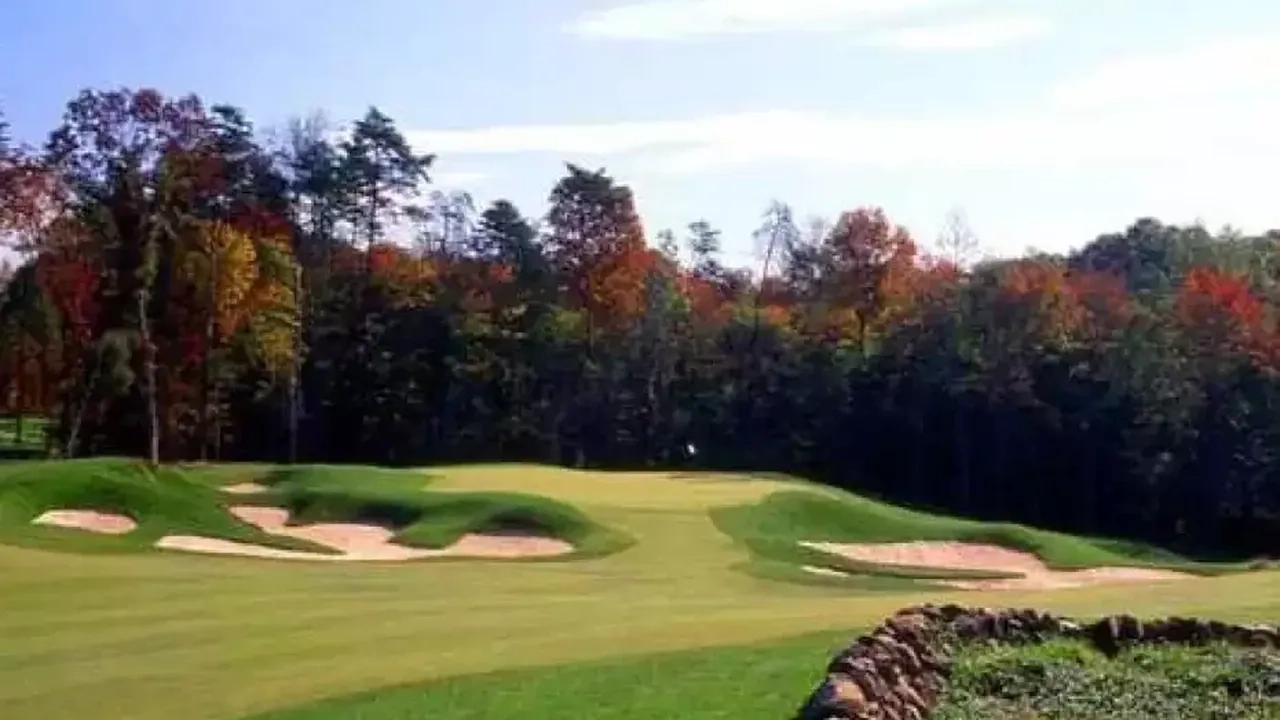 Bunkered green and fairway on a golf course framed by autumn trees