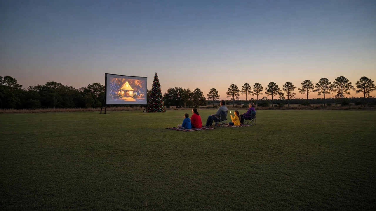Families on blankets and lawn chairs watching an outdoor movie screen beside a lit Christmas tree at dusk