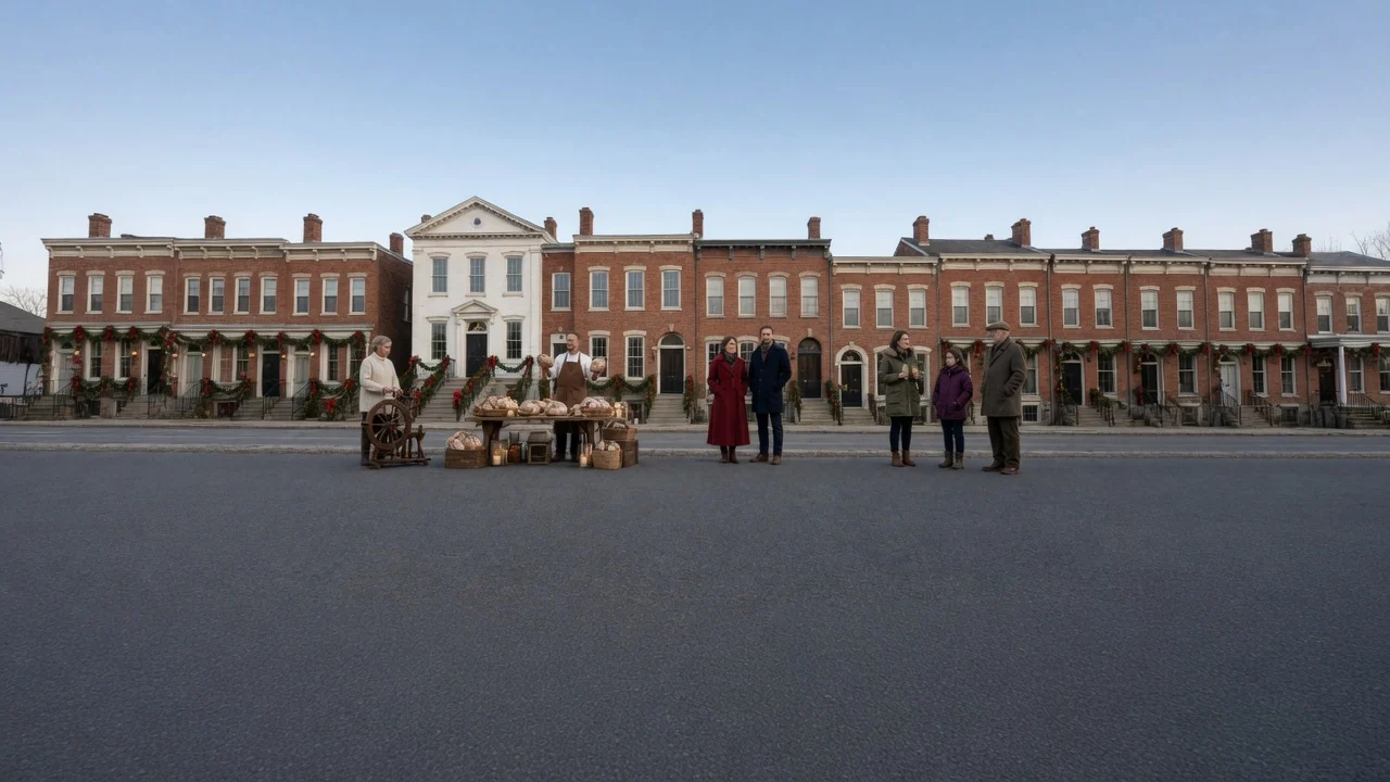 Shoppers at small holiday market stands on a street in front of brick rowhouses