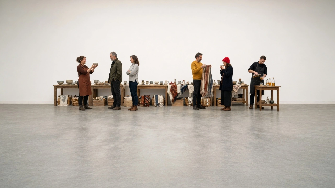 Shoppers and makers at tables of pottery and woven goods in a bright gallery room