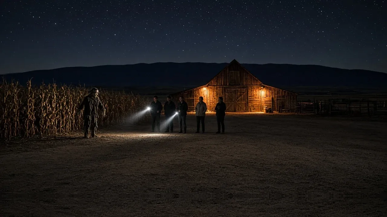 Figures with flashlights cross a dark field toward a lit barn beside a cornfield at night.