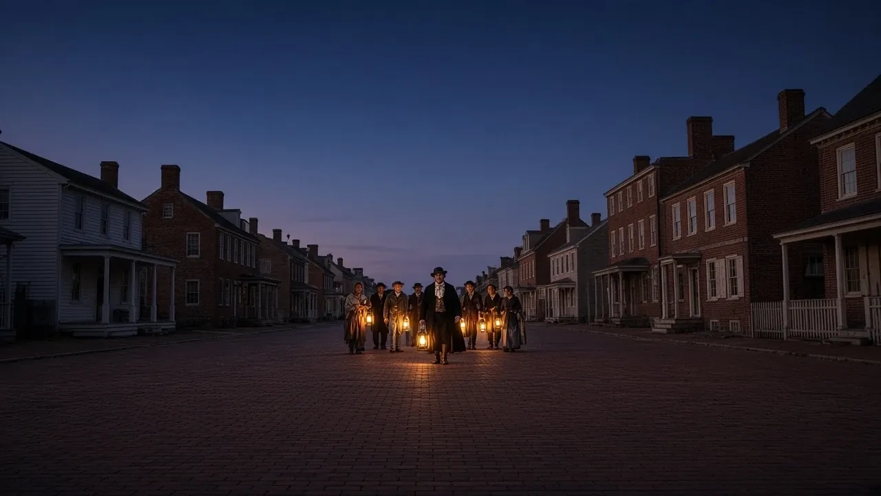 A group carrying lanterns walks down a street of old brick row houses at dusk.