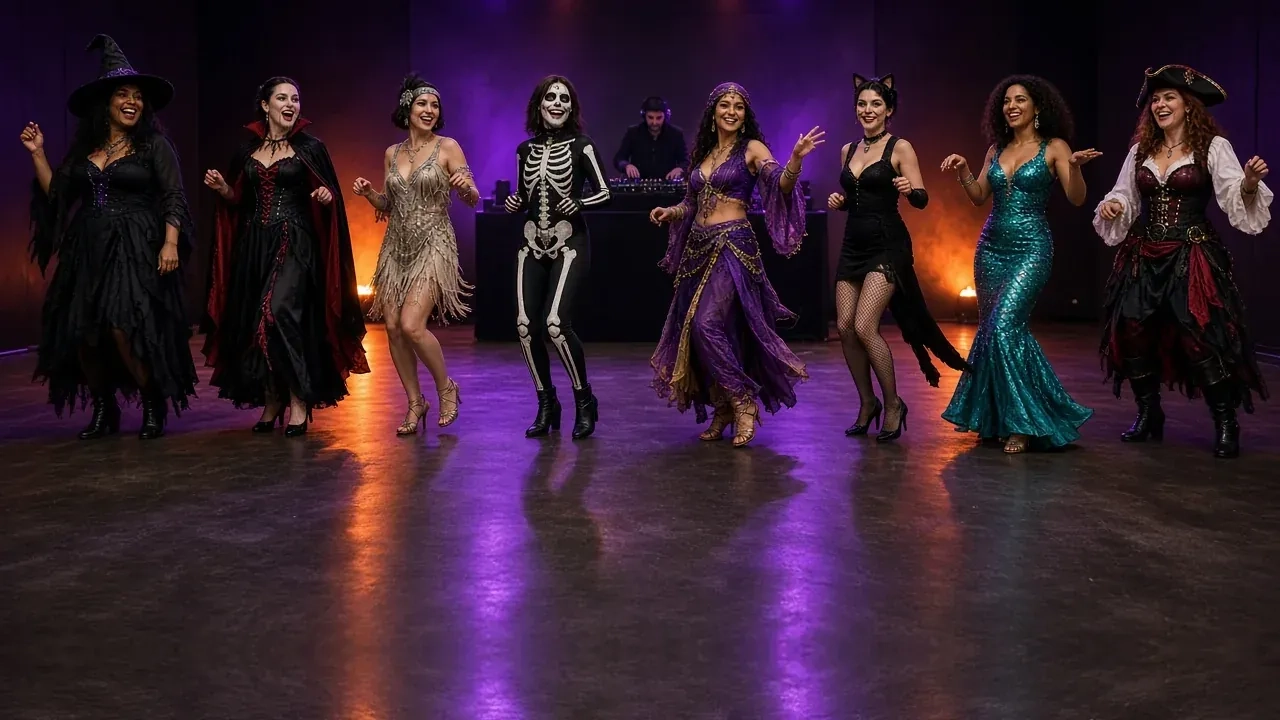 Costumed dancers dressed as witches, a skeleton and a vampire dancing under purple lights on a dark floor.
