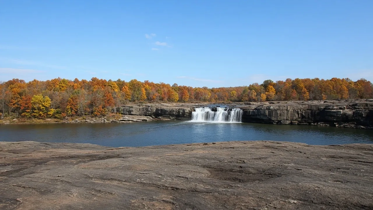 A wide, low waterfall spills over rock ledges below a ridge of autumn trees.