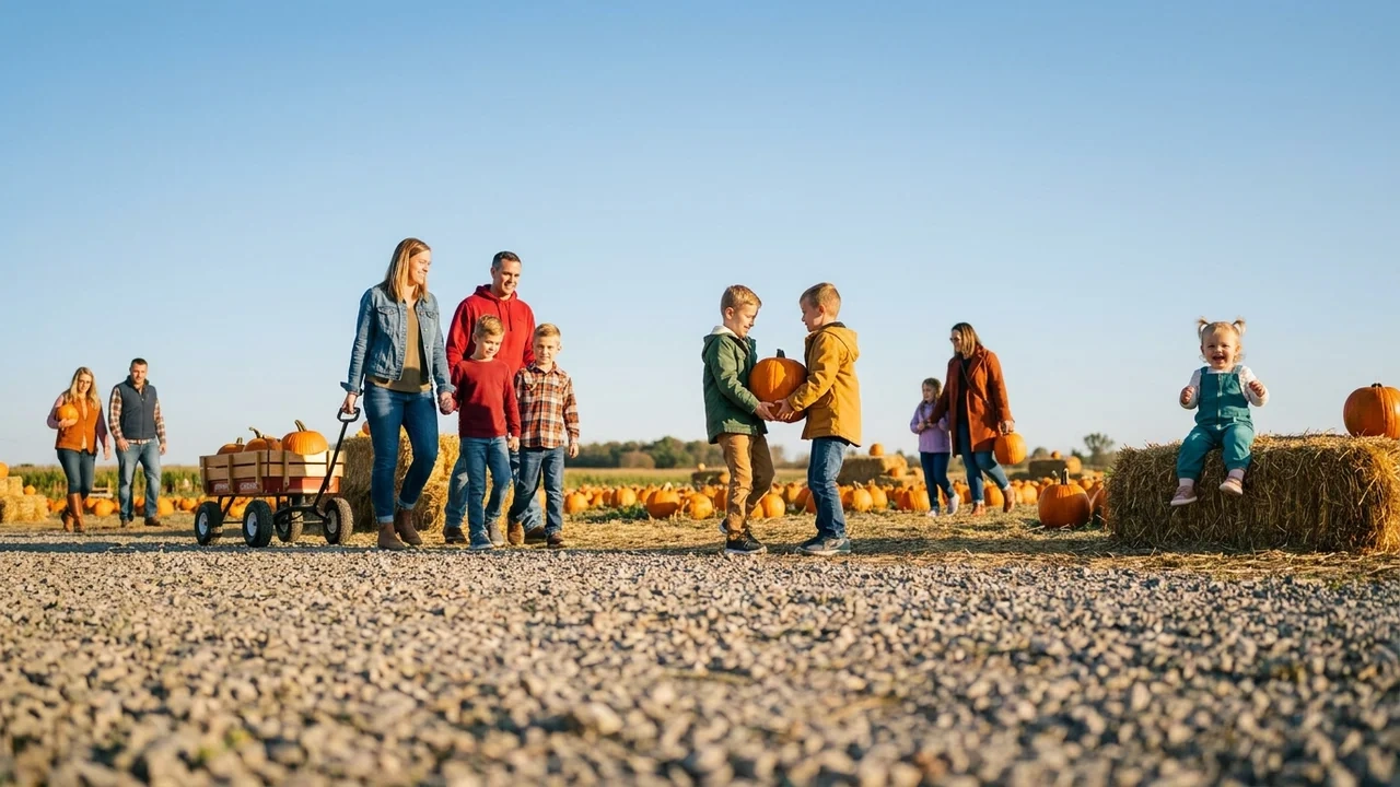 Families walk past a wagon of pumpkins and hay bales at a farm field on a sunny fall day.