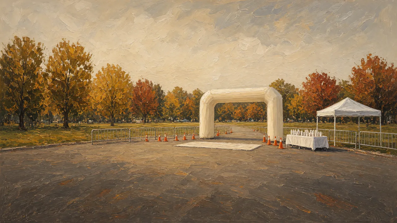 Painting of an inflatable arch and canopy on a park road in autumn.