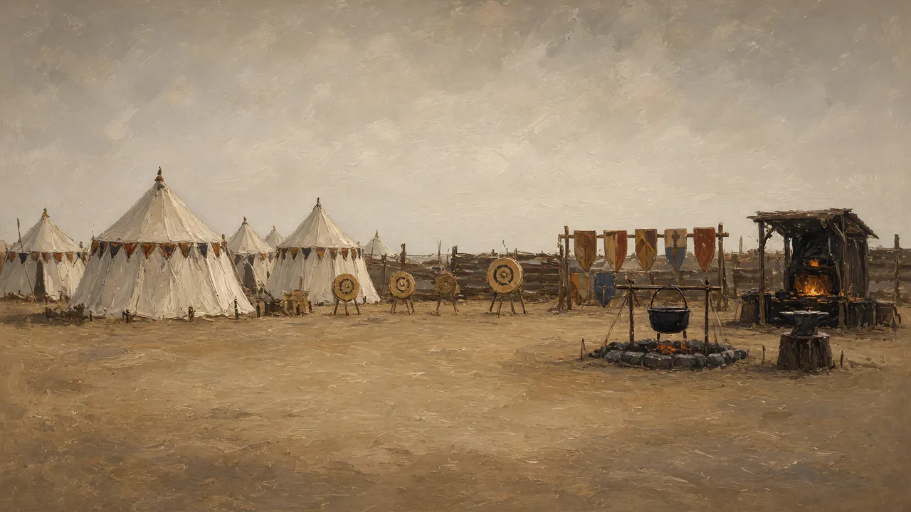 Painting of white medieval tents and a campfire on open ground.