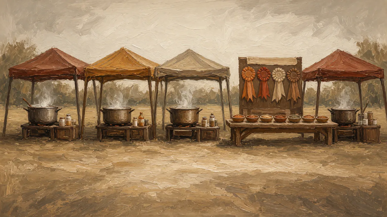 Painting of cooking stations with pots under red canopies.
