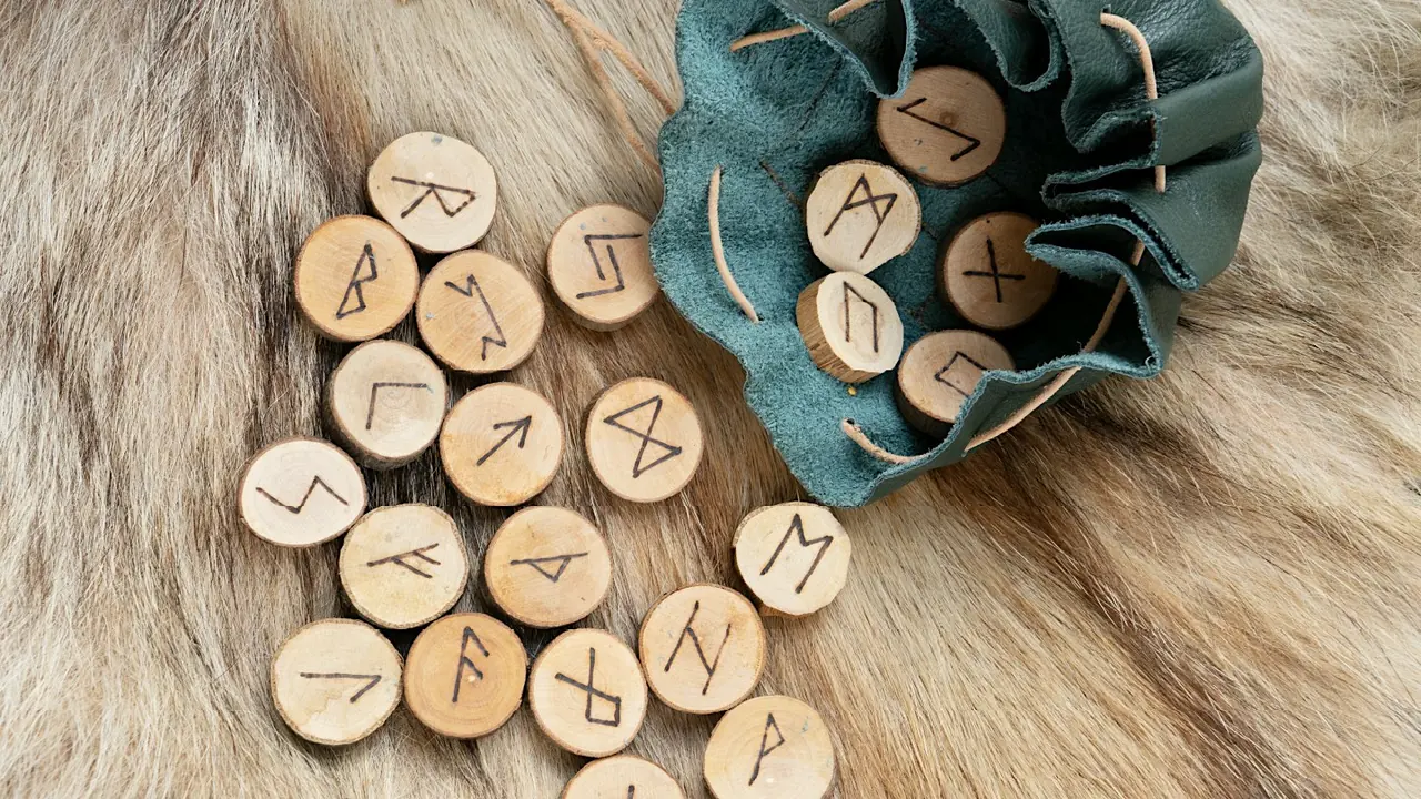 Wooden discs carved with runes spread on fur beside a green cloth pouch.