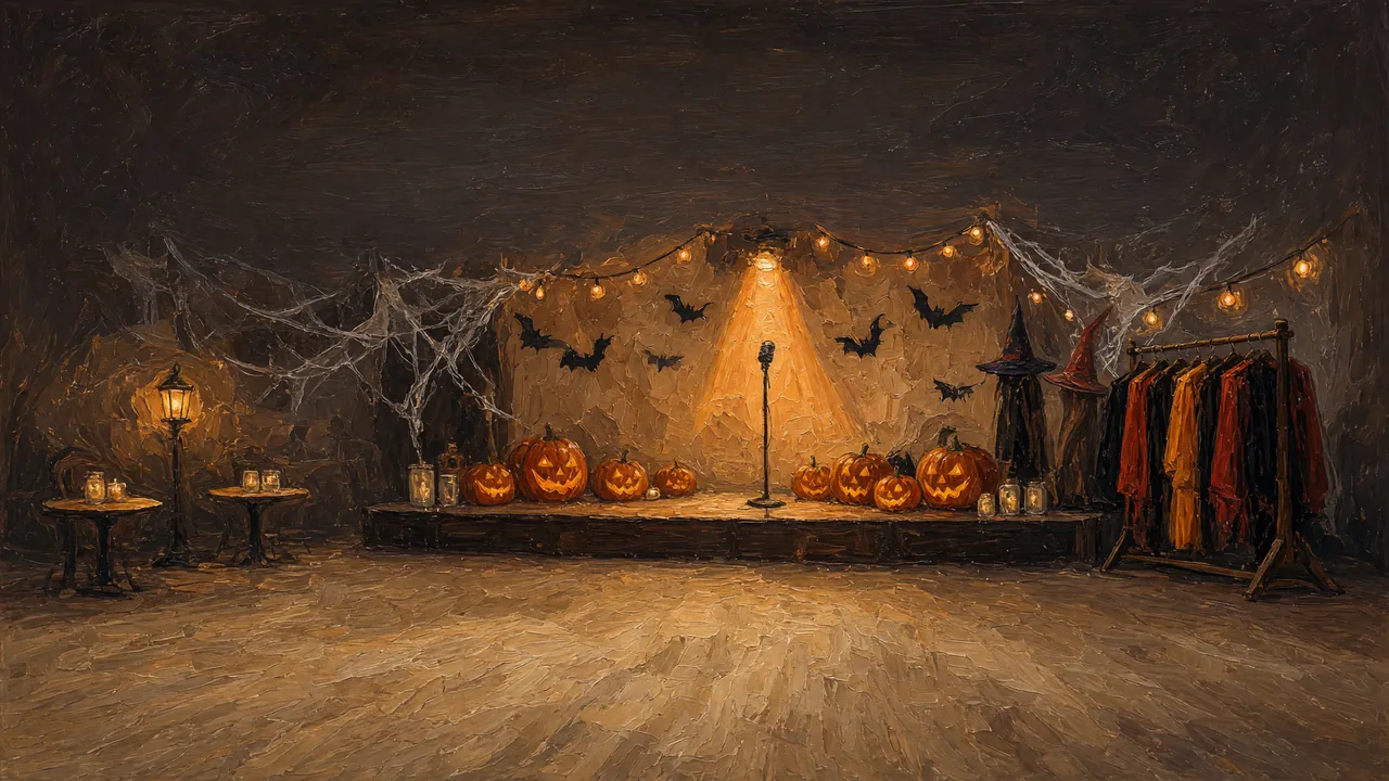 Painting of a stage decorated with pumpkins, cobwebs and paper bats.