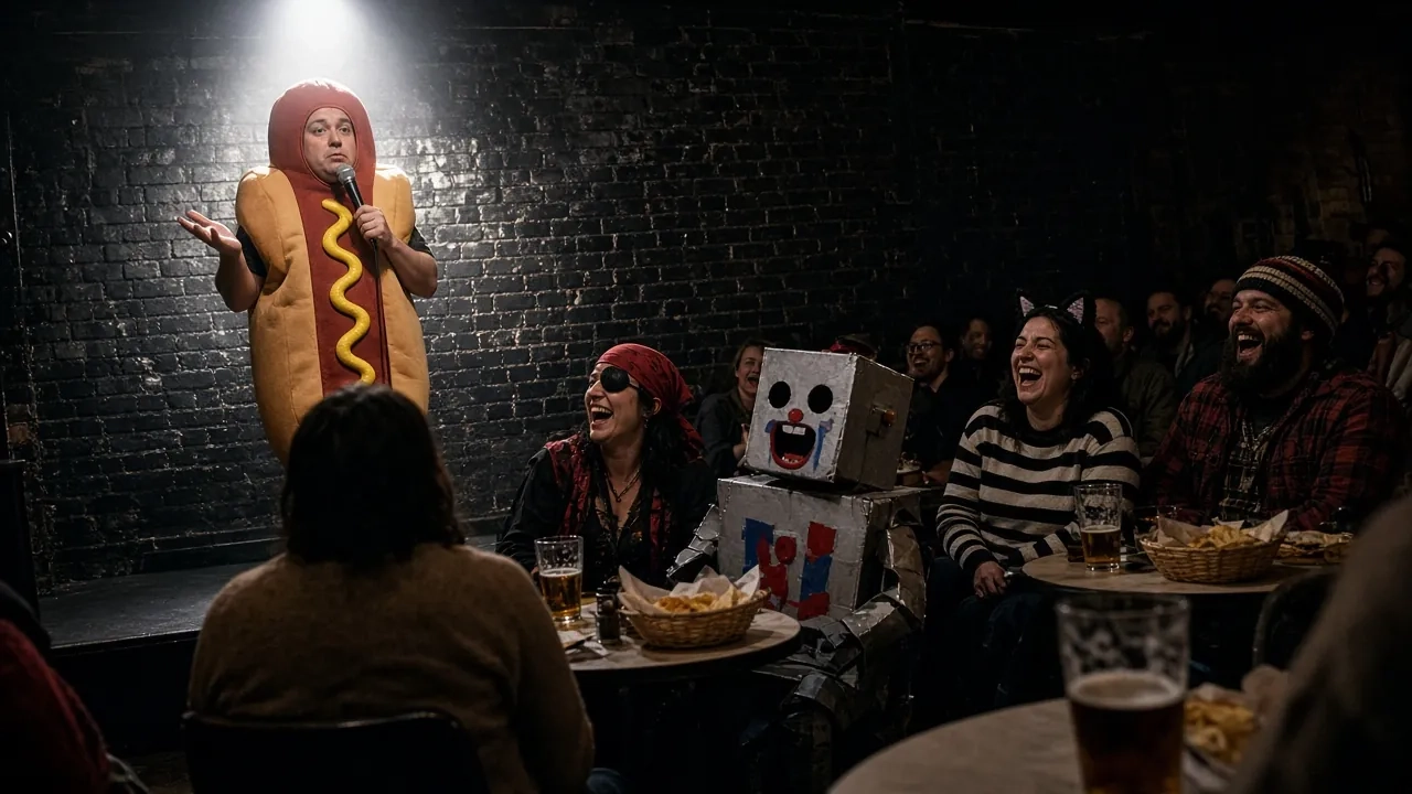 Adults in Halloween costumes, one dressed as a hot dog, at tables in a brick-walled bar.