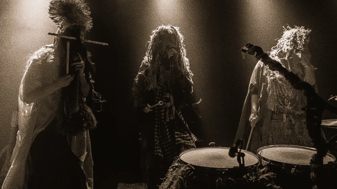 A band performs in dramatic black-and-white stage light