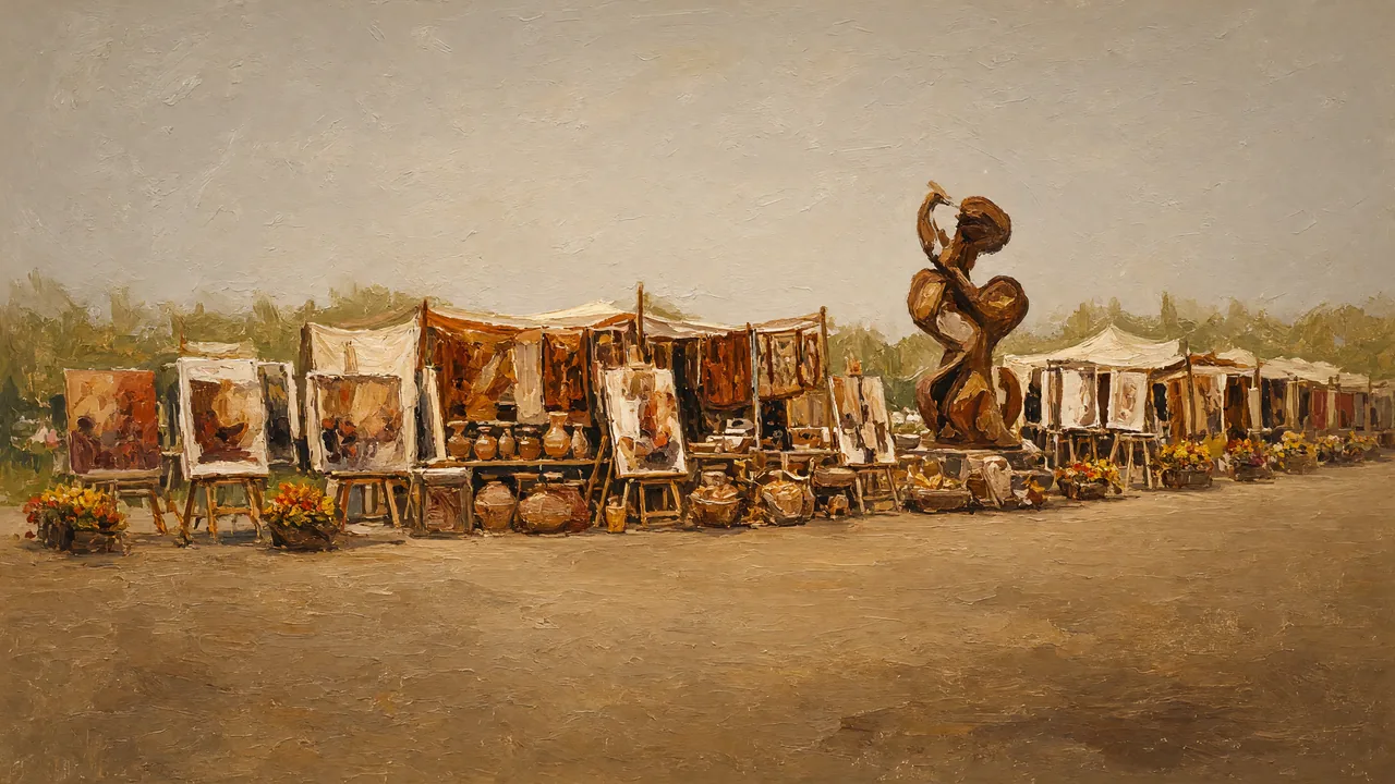 Painting of art booths and a sculpture under canopies.