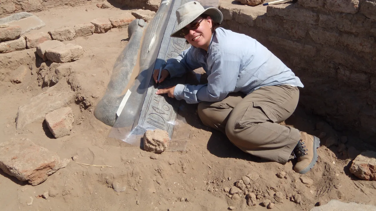 An archaeologist in a sun hat kneels at a mud-brick excavation wall.