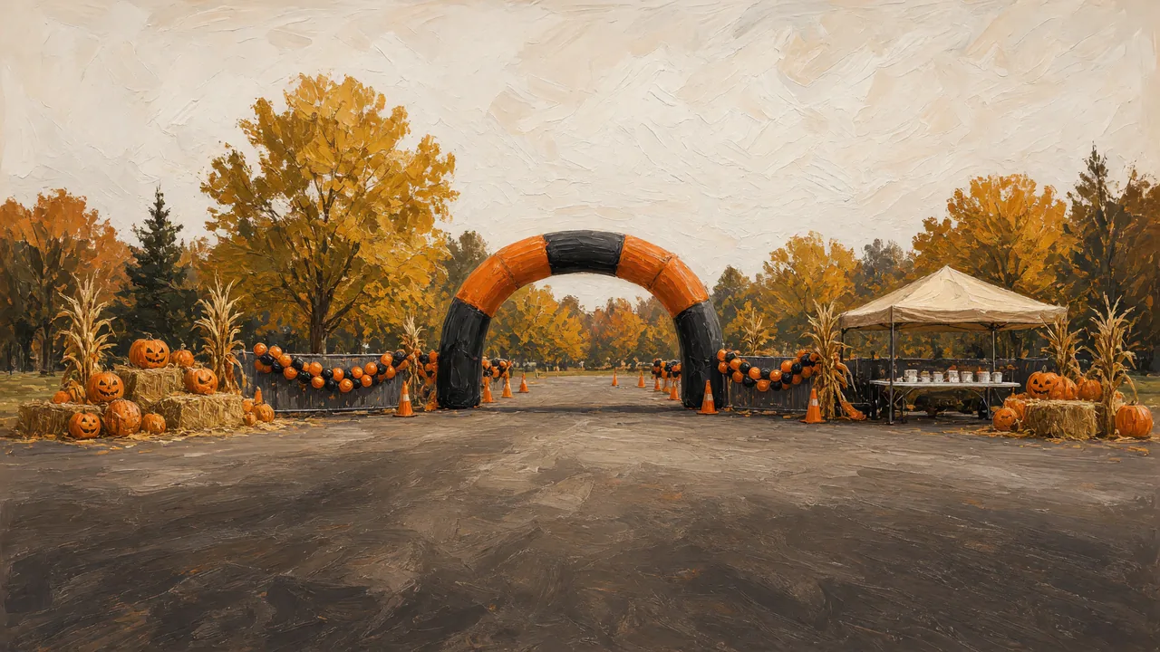 Painting of a pumpkin-decorated arch and canopy on a road in autumn.