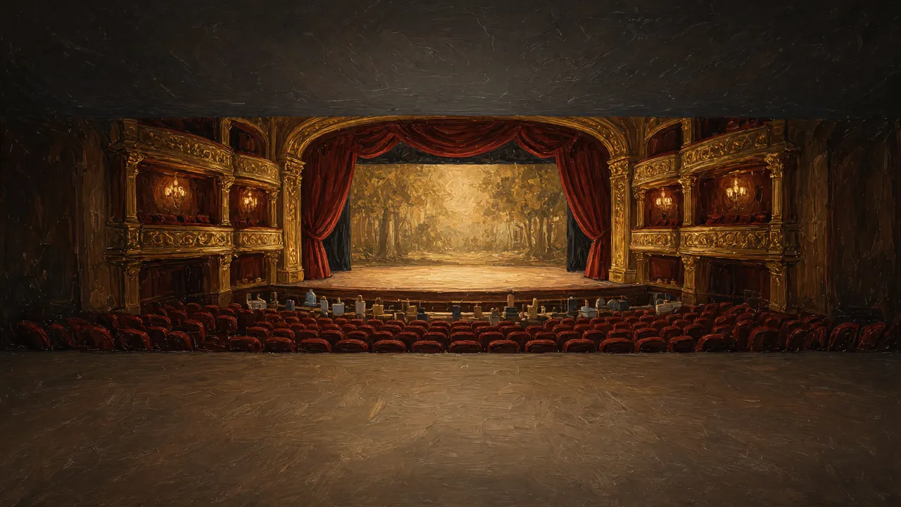 Painting of a theater stage with red curtains and box seats.