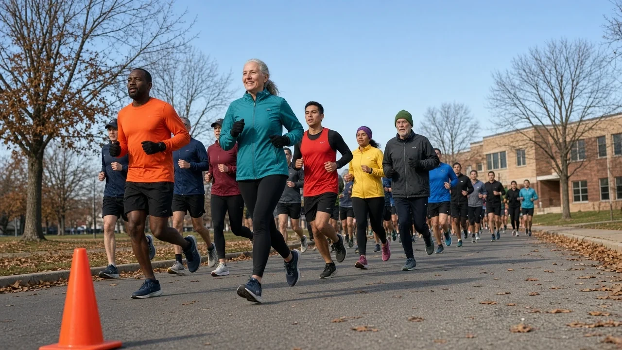 Runners in bright shirts on a town street lined with autumn trees.