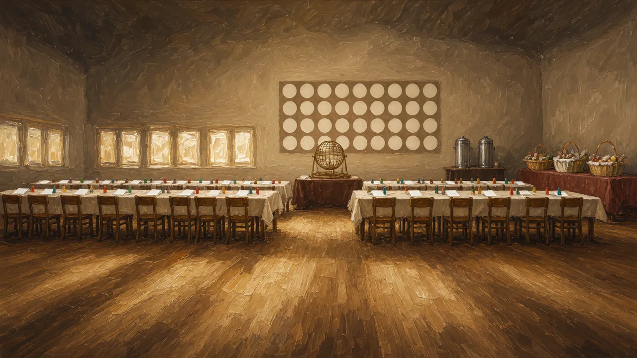 Painting of rows of tables before a bingo board in a hall.
