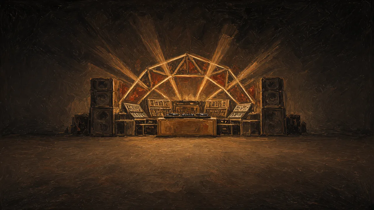 Painting of a DJ booth and speakers beneath a glowing light rig.