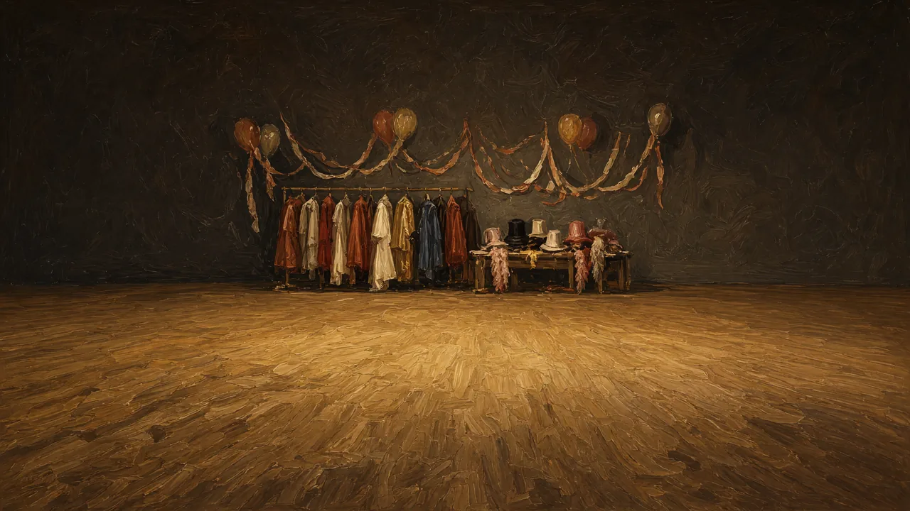 Painting of a rack of costumes and hanging masks in a dim room.