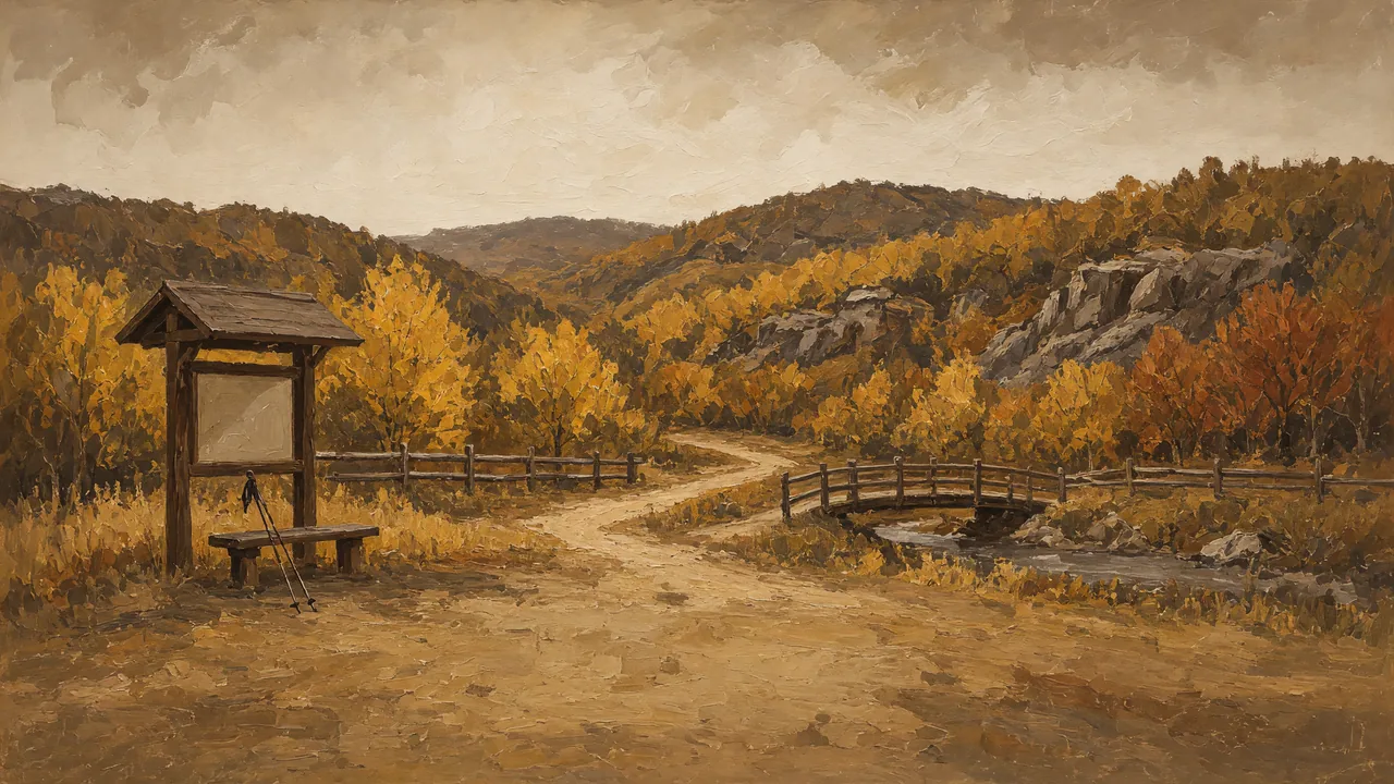 Painting of a trail sign and wooden bridge in autumn hills.