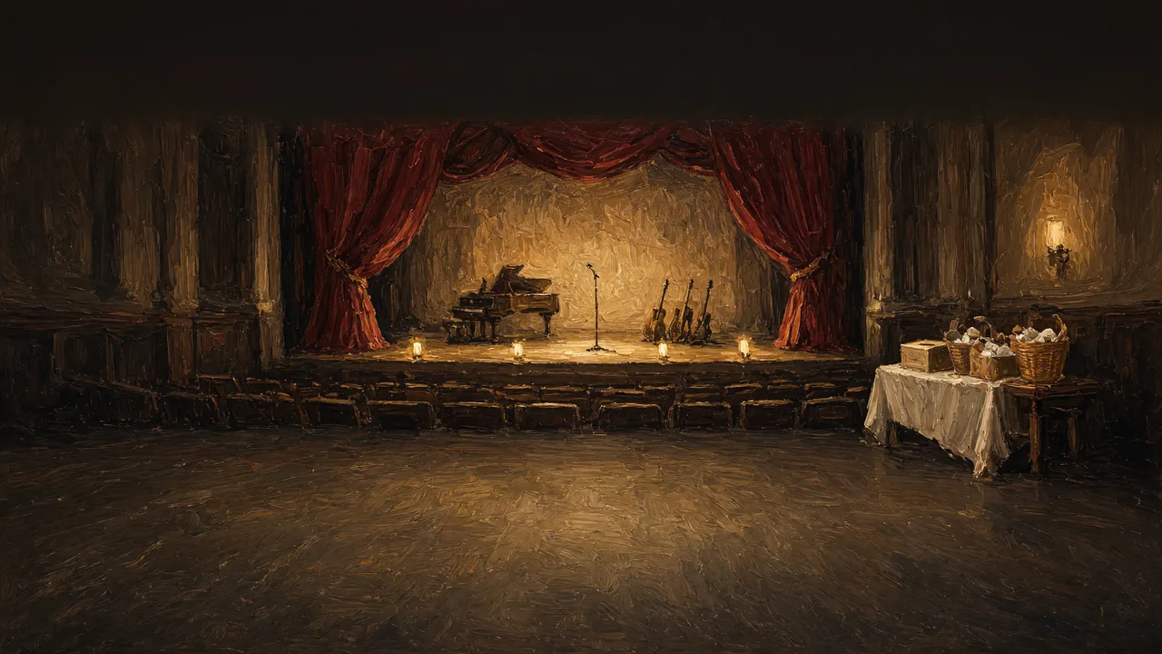 Painting of a lit stage with red curtains and a buffet table in a dark hall.